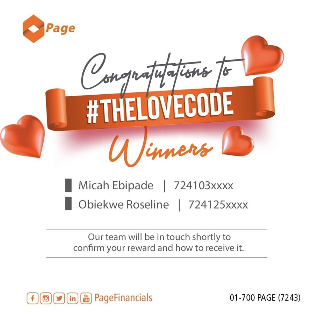 UnorjiJoyce's tweet photo. Thank you for participating and keep using *258*3# for all your transactions.
It’s the code for all you do.
Our team will be in touch shortly.
#TheLoveCode @pagefinancials https://t.co/cJwZOvNMdA