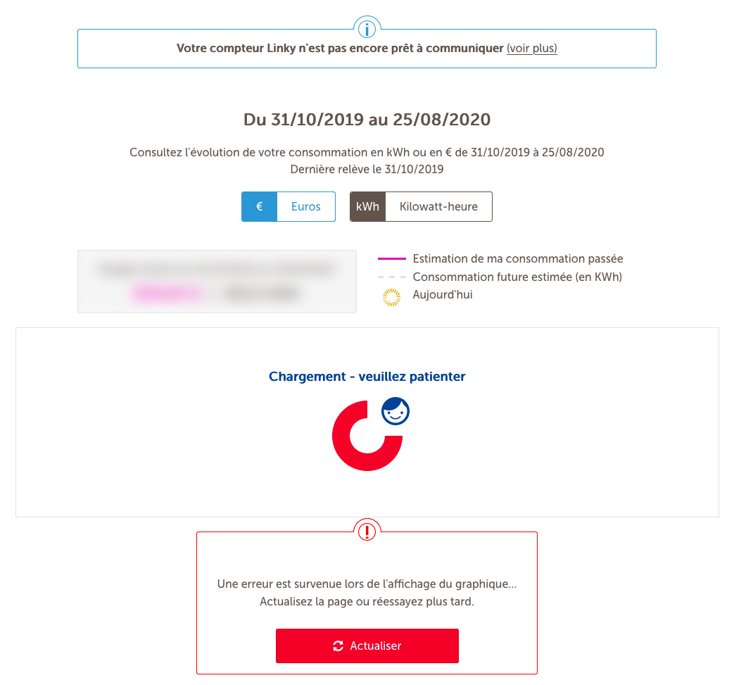 bibon's tweet photo. @TotalDirEnergie Je crois qu'il va falloir re-re-re...(j'en passe) relancer le service concerné. A noter que sur la capture écran de mon espace dédié ci-dessous, il est indiqué de patienter mais rien ne vient (comique de répétition ?)
N'hésitez pas à demander de l'aide à @enedis ;-) https://t.co/bdgXmSArWz