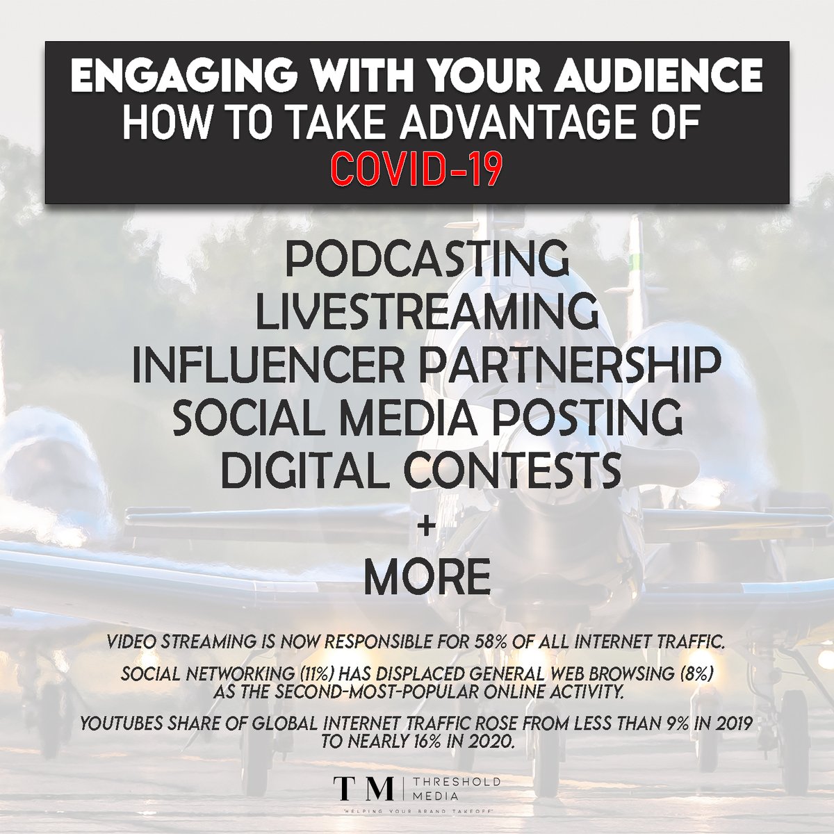 threshoIdmedia's tweet photo. It is vital you adapt to online engagement in a world of COVID-19. Content creation can help your business get ahead and stay connected to the unprecedented growth the pandemic has spawned. What are some easy ways to start?
#ThresholdMedia #Aviation #Airshows #DigitalMedia https://t.co/THHBokQQs3