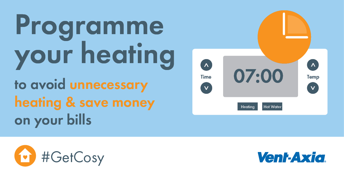 VentAxia's tweet photo. #HeatingTip: Programme your heating. Avoid unnecessary heating and save money on your bills. For more tips &amp; guidance read our full article. Click here: https://t.co/wUBeZcMLxa  #GetCosy https://t.co/pXtvqYxqfZ
