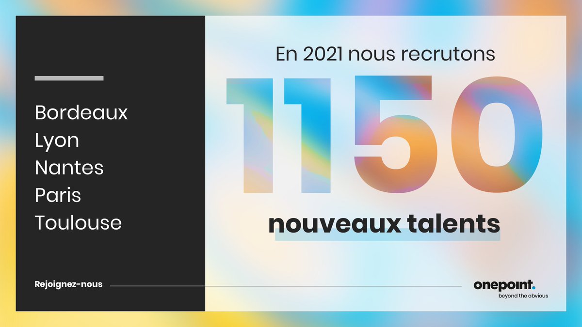 Pour accompagner sa croissance (+20% en 2021), <a href="/onepoint/">Onepoint</a> souhaite renforcer son collectif de plus de 1000 talents sur l'année 2021, à #Bordeaux, #Lyon, #Nantes, #Paris et #Toulouse !
Découvrez nos opportunités : bit.ly/2ZiiuAP