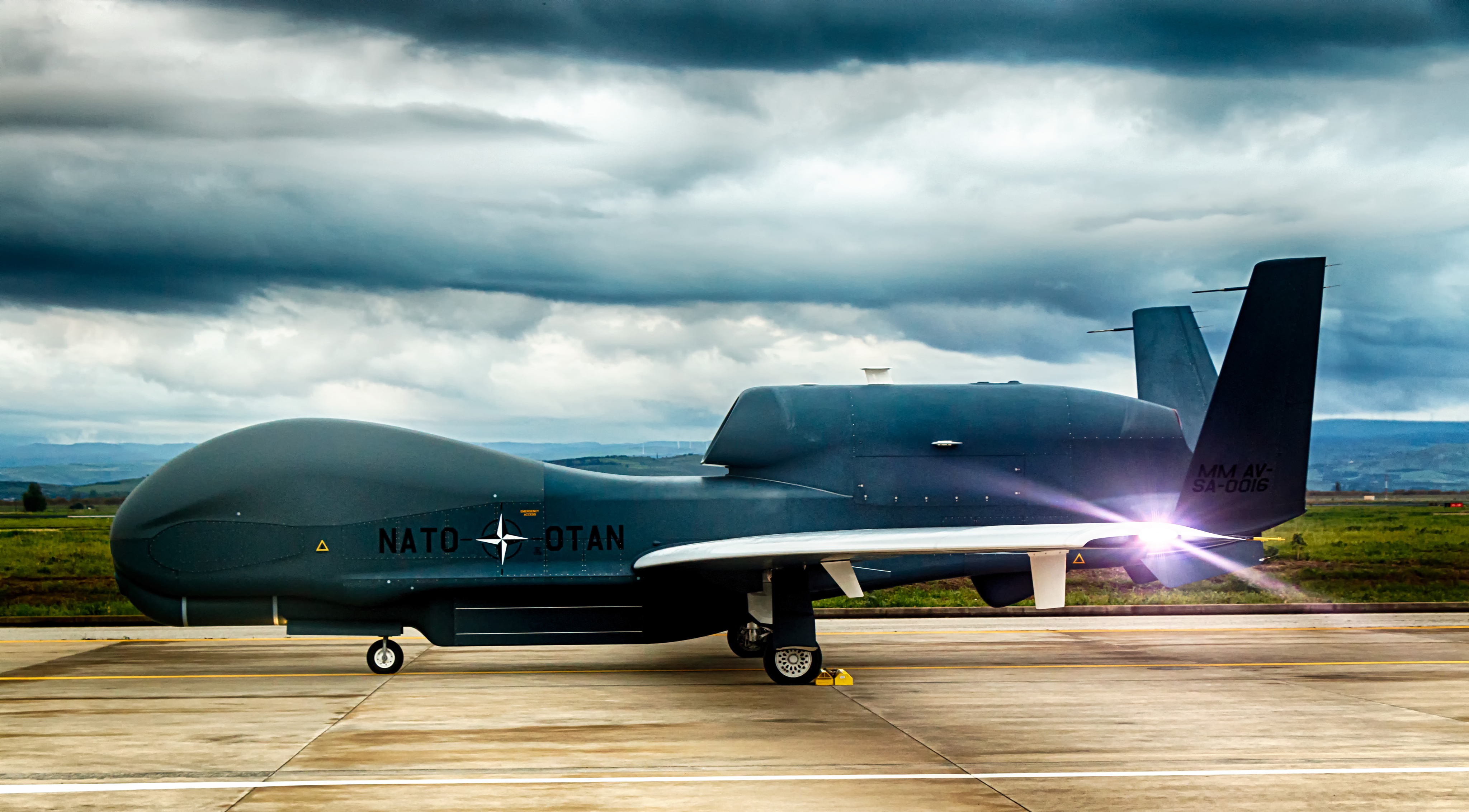 NATO Alliance Ground Surveillance RQ-4D remotely piloted aircraft on the runway at Sigonella Air Base, Italy. 
