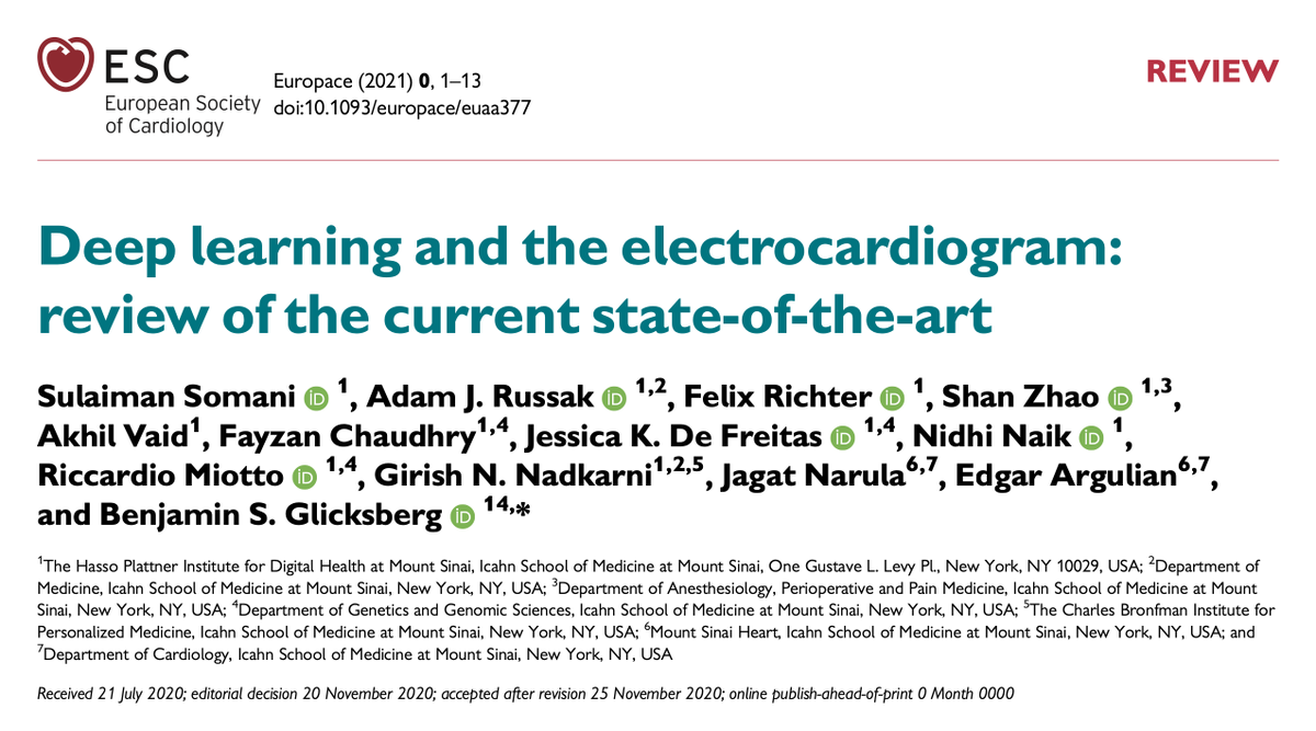 BenGlicksberg's tweet photo. Curious about how #DeepLearning models have been used on raw #ECG waveforms to obtain new insights? We had the pleasure of surveying this topic in 
@ESC_Journals EP Europace!  https://t.co/didy2LHISk

Great work led by @SulaimanSomani #OpenAccess

@HPI_health @IcahnMountSinai https://t.co/MpAGQvKKiM