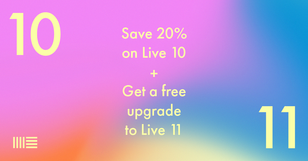 Ableton's tweet photo. Time is running out – save 20% when you buy or upgrade Live 10. Plus get Live 11 free on release day featuring comping, MPE compatibility, new devices, new sounds and more: https://t.co/l4xKKTxiFN https://t.co/2XoVIipKSi