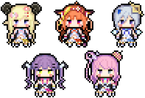 amane kanata ,himemori luna ,kiryu coco ,tokoyami towa ,tsunomaki watame multiple girls horns chibi blonde hair sheep horns star halo purple hair  illustration images