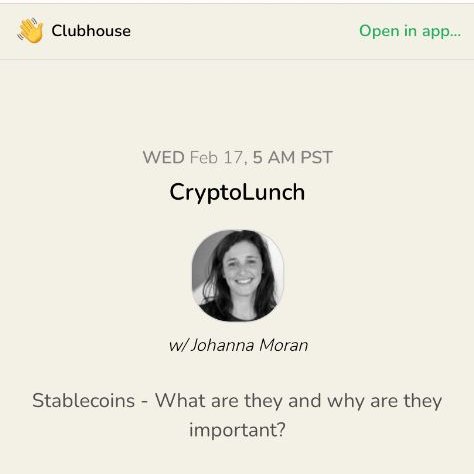 AlgoFoundation's tweet image. Join Johanna Moran, @j0hmo for #CryptoLunch this Wed, Feb 17th at 1pm GMT, for a 30min discussion on #stablecoins (what they are &amp;amp; why they are important) with the #Algorand Foundation's @stephenduignan &amp;amp; @wheresaddie. You can join the clubhouse at 👉ow.ly/4Lmp50DAAYi