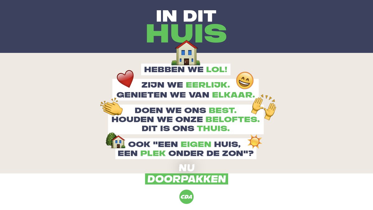 Wil je ook "een eigen huis, een plek onder de zon"? Dan moeten we #nudoorpakken! 
1 miljoen huizen bouwen, waarvan een kwart voor starters. Lees meer via: 
👏cda.nl/standpunten/vo…