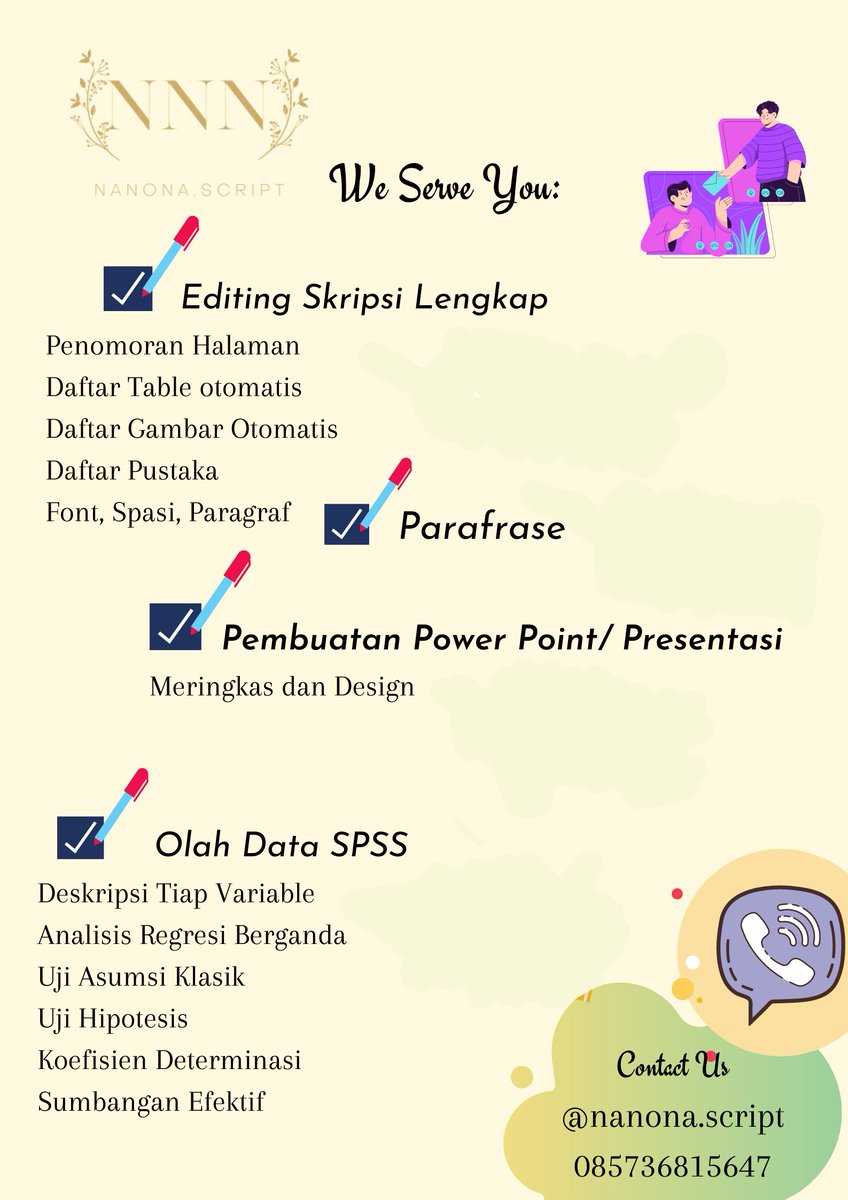 NanonaScript's tweet image. TWITTER PLEASE DO YOUR MAGIC

Yuk yang lagi mager ngerapiin skripsi, ngolah data, bikin ppt, sama parafrase skripsi, langsung ketuk aja dm atau hubungi no tertera (fast respond). 
Dijamin kalian gak bakal pusing lagi. Testinya udah banyak kok 😊
