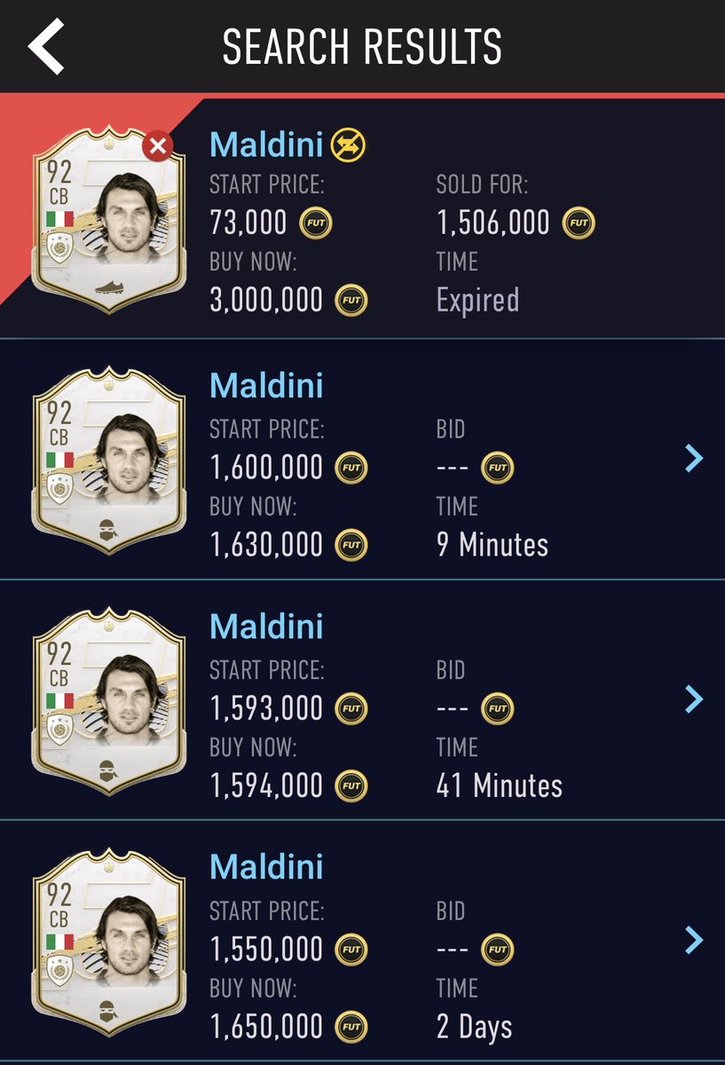 14/ Step 8 - Go back to the transfer market and search your Icon. Is there one lower than your buy price? Buy it. Is there an open bid? Watch it and try to win a bid under your buy price. We search Maldini and see nothing under our buy price, so we don't buy anything.