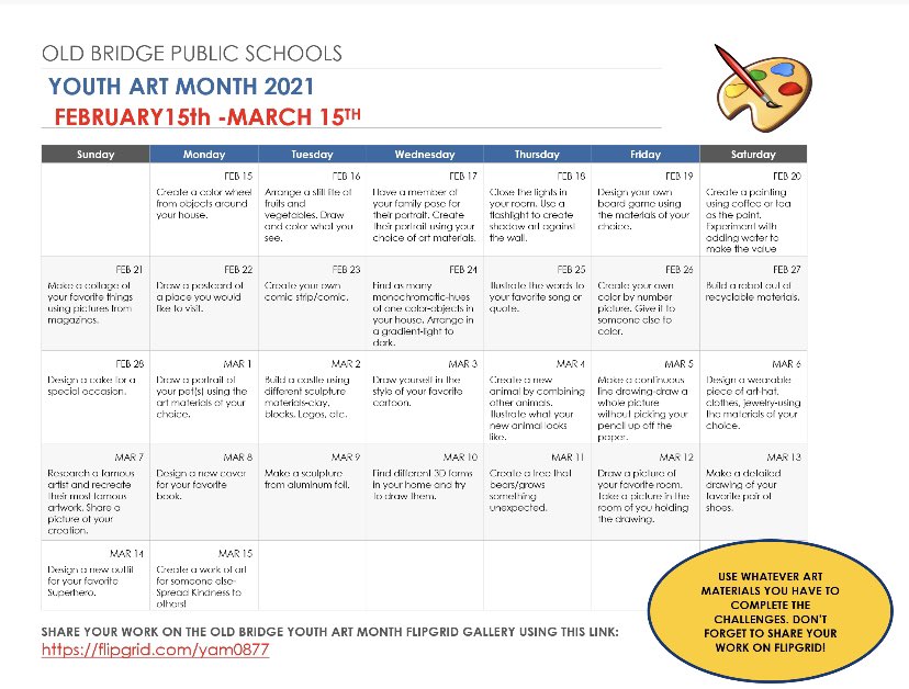 Hello Artists!
Join OB in celebrating Youth Art Month by getting creative and checking out a month’s worth of art challenges! Share your work on the YAM Flipgrid <a href="/carpenterrocket/">Carpenter School</a> @OBSupCittadino <a href="/ArtEducatorsNJ/">AENJ</a> flipgrid.com/yam0877