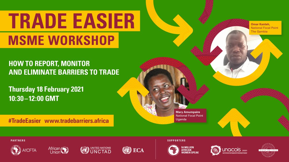 Join us for insights from @AmumpaireMary and @OmarKanteh who are two of the National Focal Points helping traders monitor and eliminate #NTBs using the #Tradebarriers tool

Join the #TradeEasier MSME Workshop – register today!

▶️us02web.zoom.us/webinar/regist…◀️
