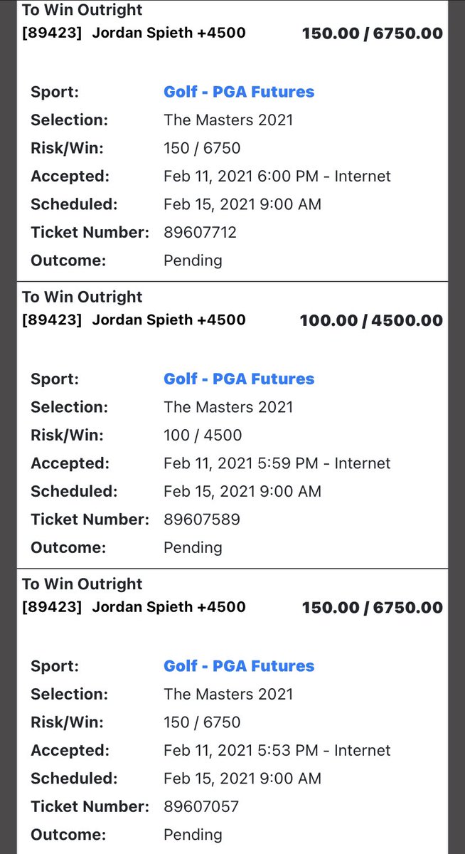 ttownlocks's tweet photo. The more the merrier if my bookies are gonna hang these disrespectful lines

As of today Spieth’s odds

Bovada: +1400
Draftkings: +1600
Fanduel: +1400

🤔🤔🤔🤔🤔 https://t.co/ufKp73hqAx