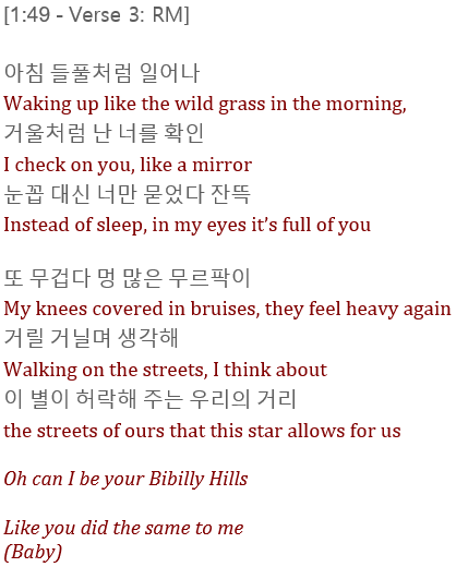 Skipping the chorus (the lyrics are the same as the introduction), we can jump into Verse 3 where RM masterfully conveys so many things simultaneously.+