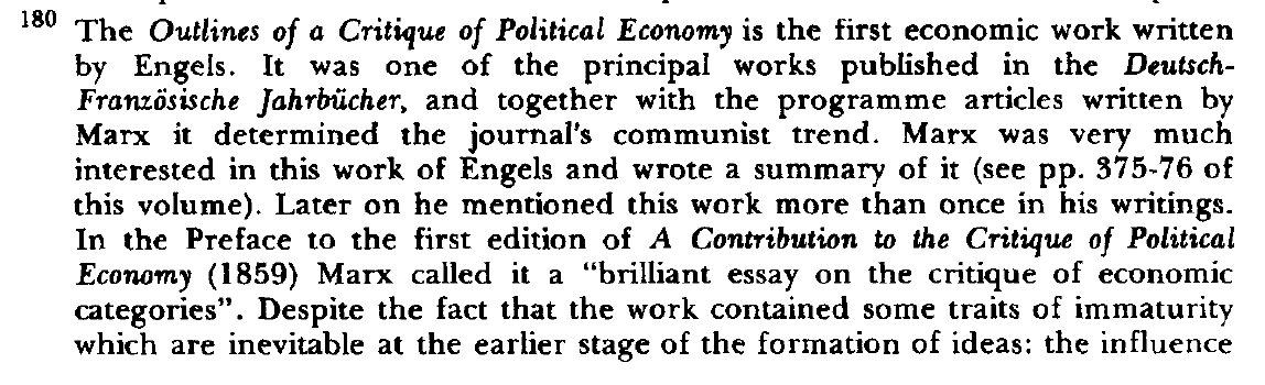 From "Outlines of a Critique of Political Economy," the early and "brilliant" essay later recalled by Marx in the 1859 Preface.