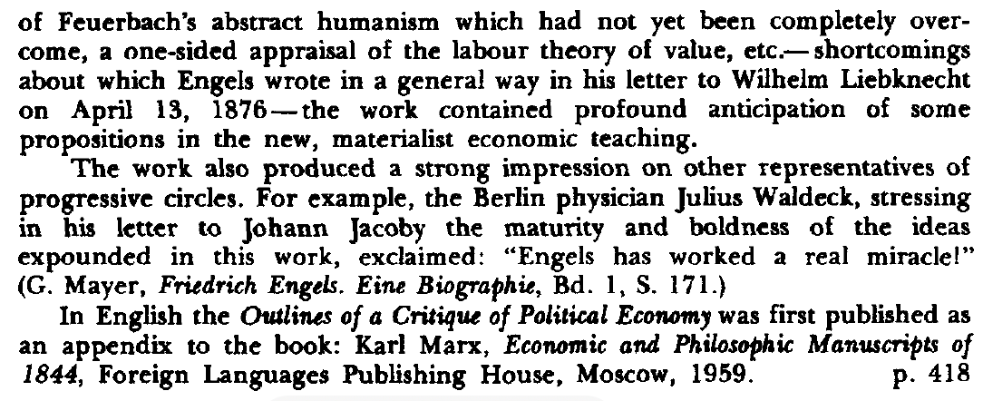 From "Outlines of a Critique of Political Economy," the early and "brilliant" essay later recalled by Marx in the 1859 Preface.