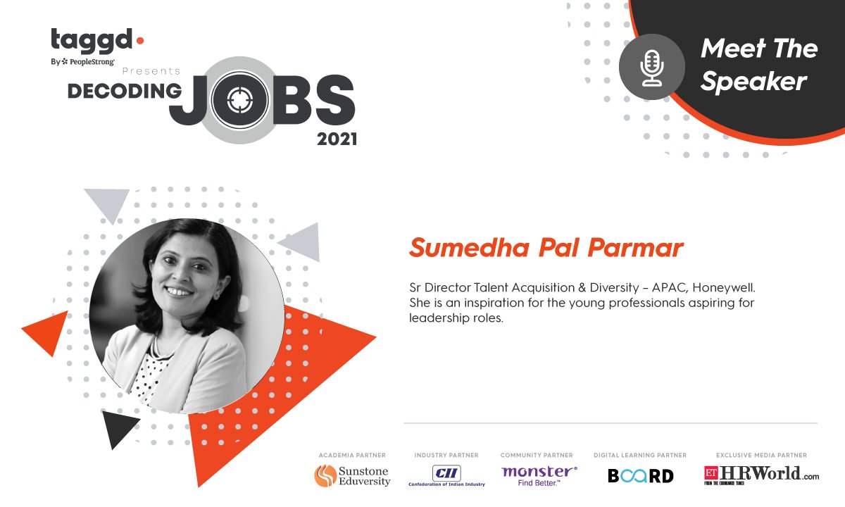 _taggd's tweet image. With over 16 years of experience in various Human Resources Generalist functions, our spectacular speaker, Sumedha Pal Parmar, for #DecodingJobs2021 Annual Summit. Book your seat today: bit.ly/3u2jcQK and Hear her talk about the new world of jobs on 18 February.