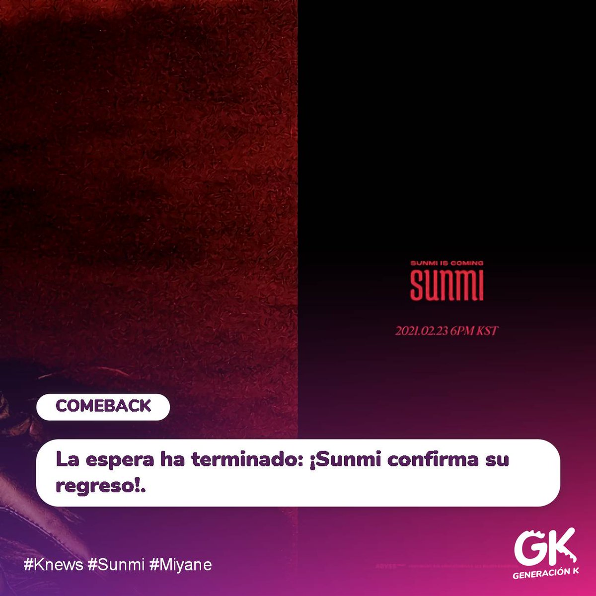 kpopradiopy's tweet image. Notifandom GK 📲

La solista estará de vuelta este 23 de febrero con un álbum. 💿 

El 2 de febrero, MakeUs Entertainment compartió: &quot;Sunmi está preparando un regreso con planes para un lanzamiento de álbum a fines de febrero&quot;.