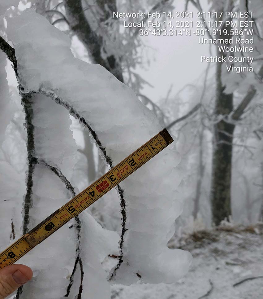 VaDOTSalem's tweet photo. Check out the #ice accumulation we captured in the southern area of the district, Patrick &amp; Henry Counties. This sure puts it in prospective from the tree point of view! #icestorm2021 @henrycountyva #PatrickCounty https://t.co/GEaTFlP3ou
