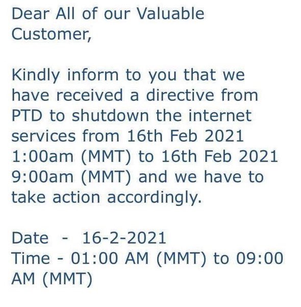 Myanmar Internet providers are alerting costumers that they’re under instruction to shutdown the internet - again - between 1am and 6am. This is another blow in the fight for democracy. 
#Myanmar #InternetShutdown