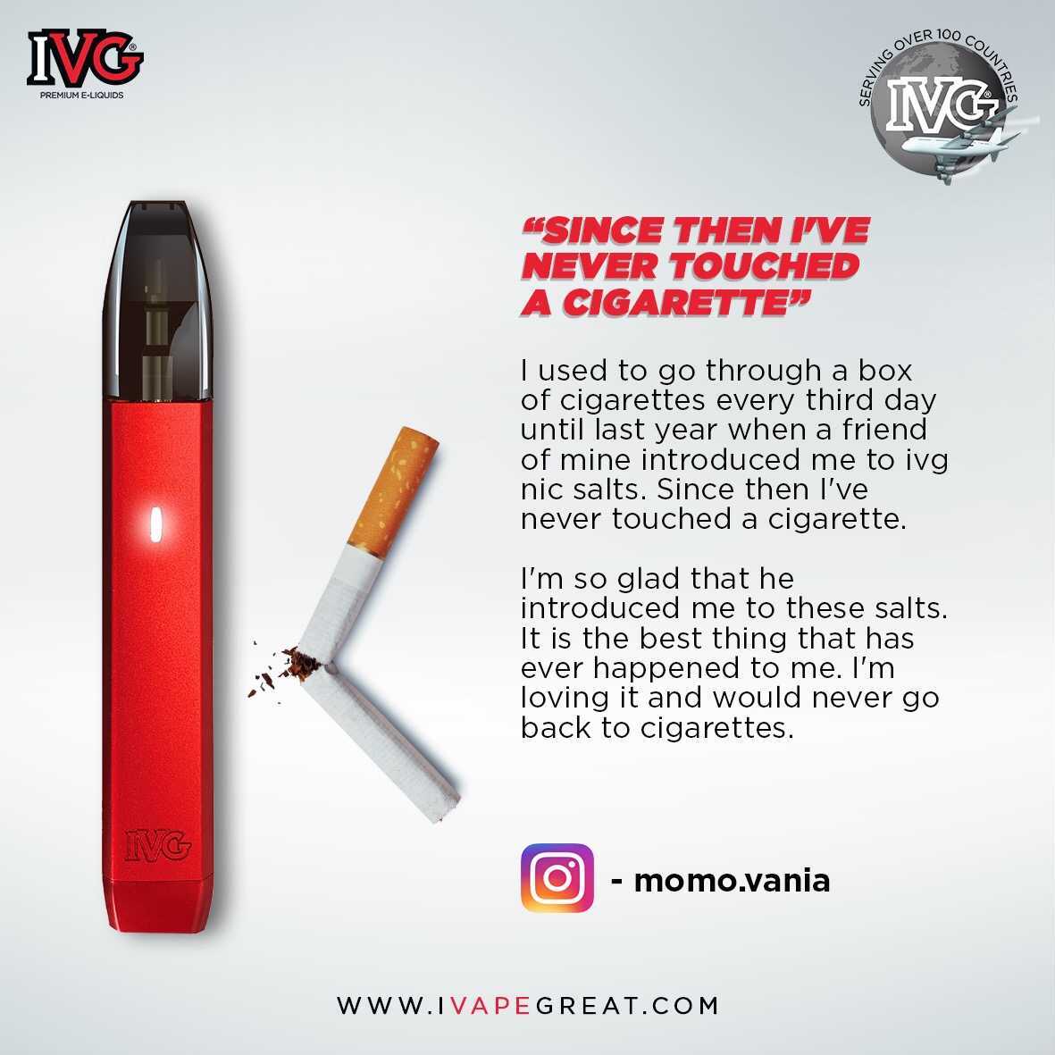 Looking to pack in the cigarettes? Switch to vape today. Visit
ivapegreat.com for more information. 

#IVG #IVapeGreat #StopSmoking #SwitchToVape