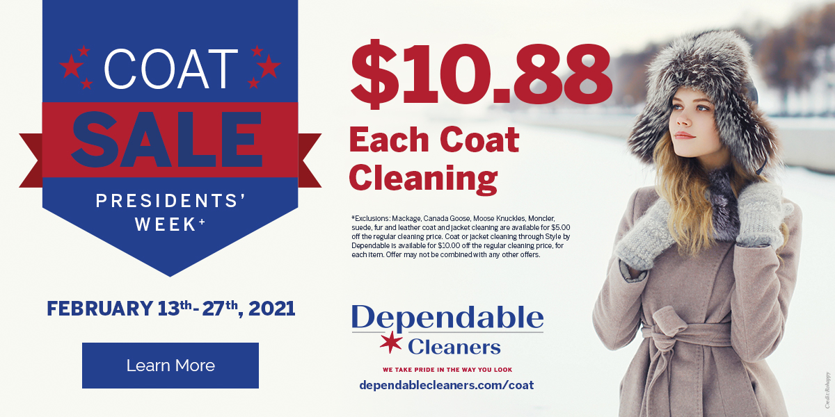 DependableClean's tweet photo. It's Presidents Day! A day that makes you think about coats... Okay, well maybe not. But you can get all your jackets and coats cleaned for only $10.88. See our website for offer details. https://t.co/7Zt8LrI4nq
#coatcleaning #cleancoats #drycleaningjackets #drycleaning https://t.co/m6kbJYtjis