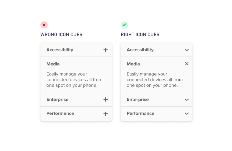 Stop using plus and minus icons on accordions. They're the wrong cues to use.

Plus and minus icons are for adding and removing, not disclosure and closure!