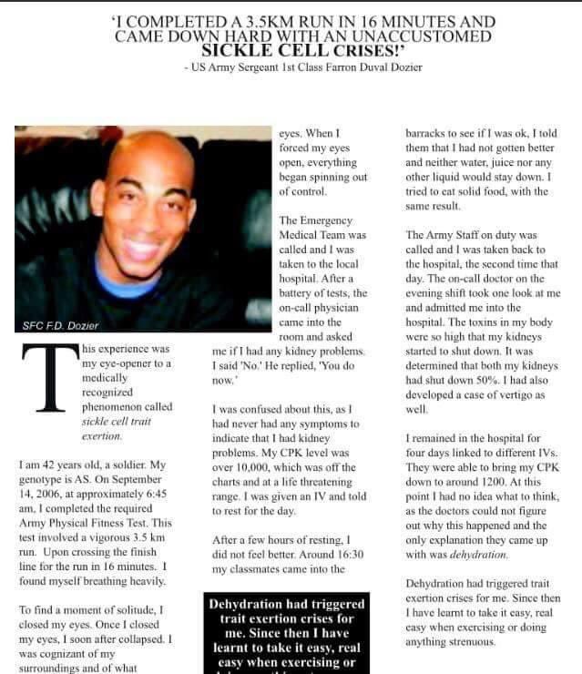 farrondozier's tweet image. US Army Veteran Survives Sickle Cell Trait Exertion with Rhabdomyolysis turns Advocate. WDConSCT.org 
#SickleCellTrait 
#Rhabdomyolysis 
@CBSThisMorning @CBSNews  @ABC7  @KTLA @cnnbrk @NBCLA @NPRHealth @NPR @Militarydotcom @NCAA @CityofFontanaCA  @CalGuard @wdconsct
