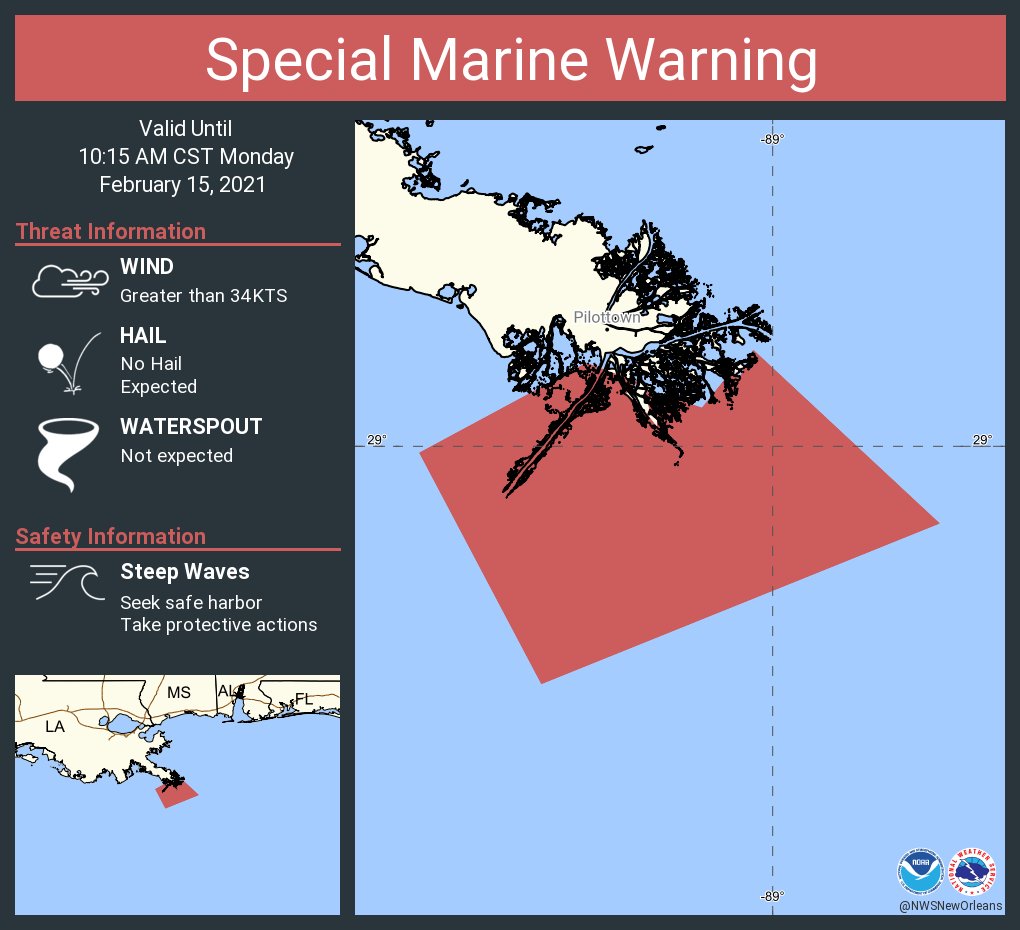 NWSNewOrleans's tweet photo. Special Marine Warning including the Coastal waters from the Southwest Pass of the Mississippi River to Port Fourchon Louisiana out 20 NM and Coastal Waters from Boothville LA to Southwest Pass of the Mississippi River out 20 nm until 10:15 AM CST https://t.co/qaR9LkQC6y