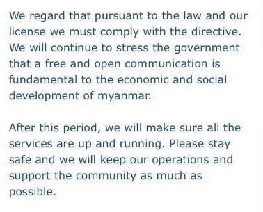 freya_cole's tweet photo. This is part of the email statement from internet provider Ooredoo - which is a subsidiary of the Qatari Ooredoo Group. It says it is telling authorities that “a free and open communication is fundamental to the economic and social development of Myanmar.” 
#InternetShutdown https://t.co/S48JzEvGzy