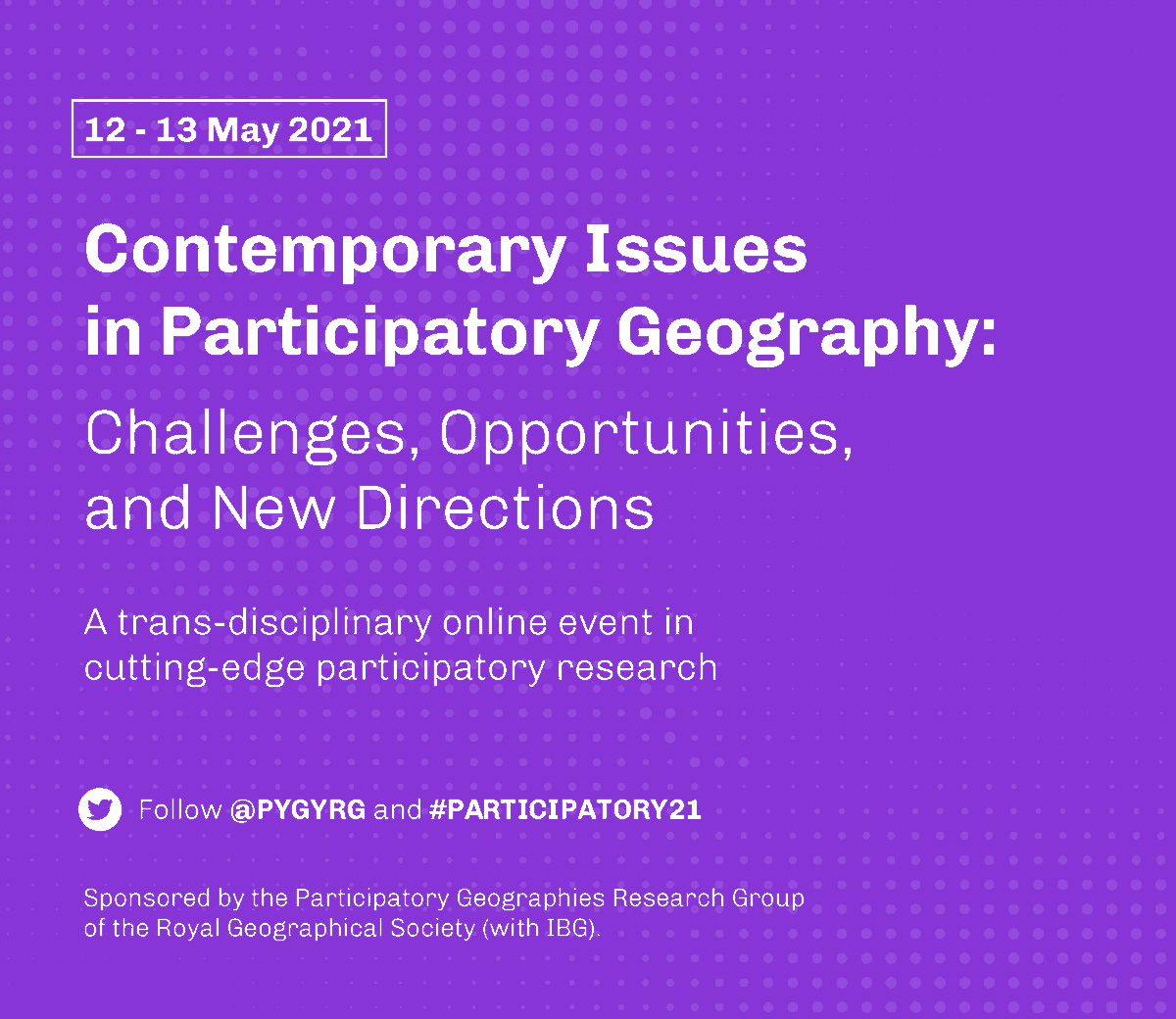 pygyrg's tweet photo. We're excited to annouce our upcoming online event: "Contemporary Issues in #Participatory #Geography", bringing together diverse cutting-edge knowledge from #research, #policy, &amp; #practice.

📅12-13th May 2021 (registration opens in March)
⬇️Details below
#PARTICIPATORY21 1/3 https://t.co/tPfWMF7dAM