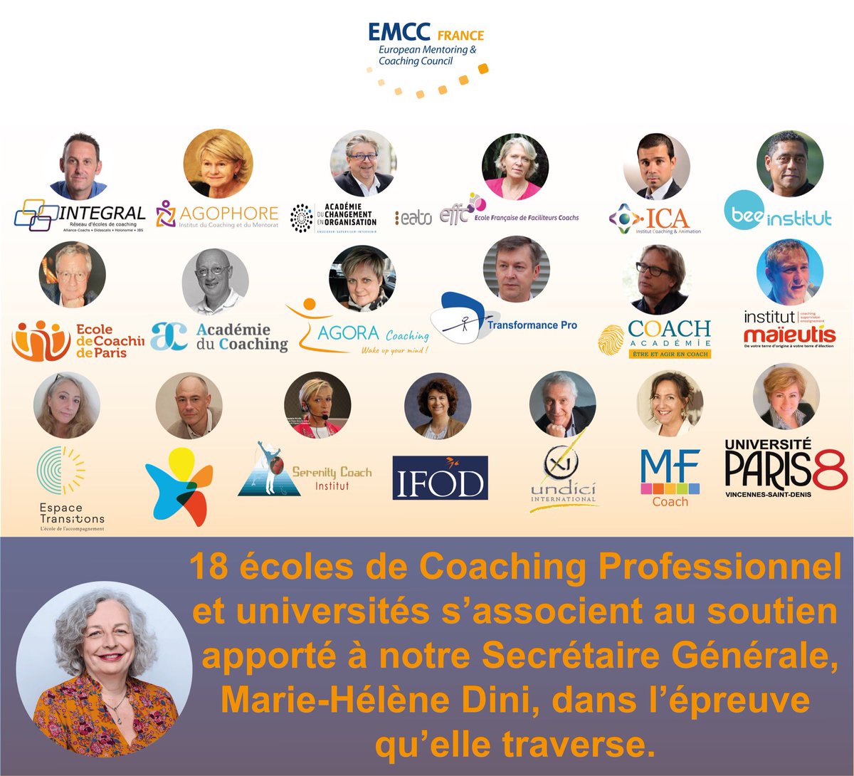 18 écoles de #Coaching_Professionnel, Universités, soutiennent notre Secrétaire Génarale, Marie-Hélène Dini, dans l’épreuve qu’elle traverse pour avoir été l’un des acteurs majeurs de la régulation réussie du métier de #Coach Professionnel en France.