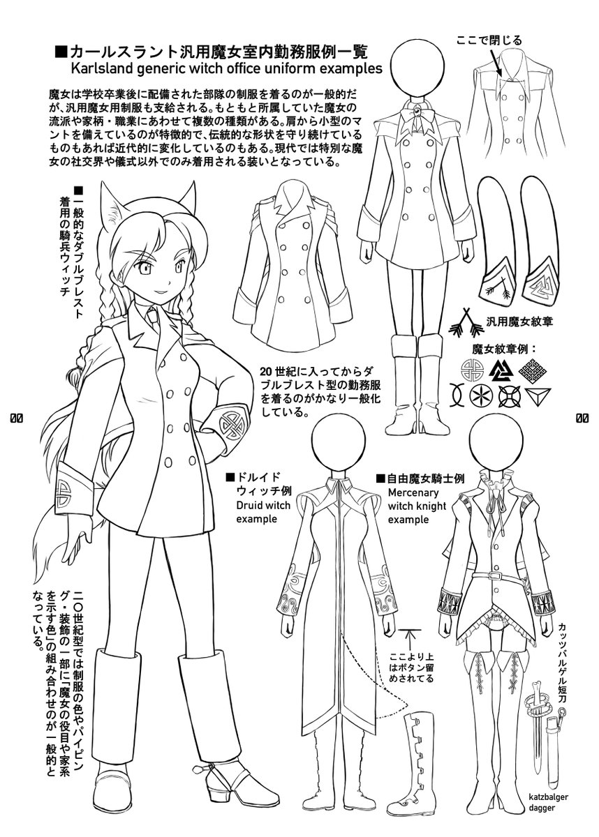 カールスラント魔女の着る「汎用魔女勤務服」とは所属部隊の制服とは異なり、ウィッチの家柄や職業を反映させた儀礼的いでたち。魔女の儀式や社交界で着たり、平時に着ることもある。
飽くまでも『獅子の魔女』の中の設定です。 