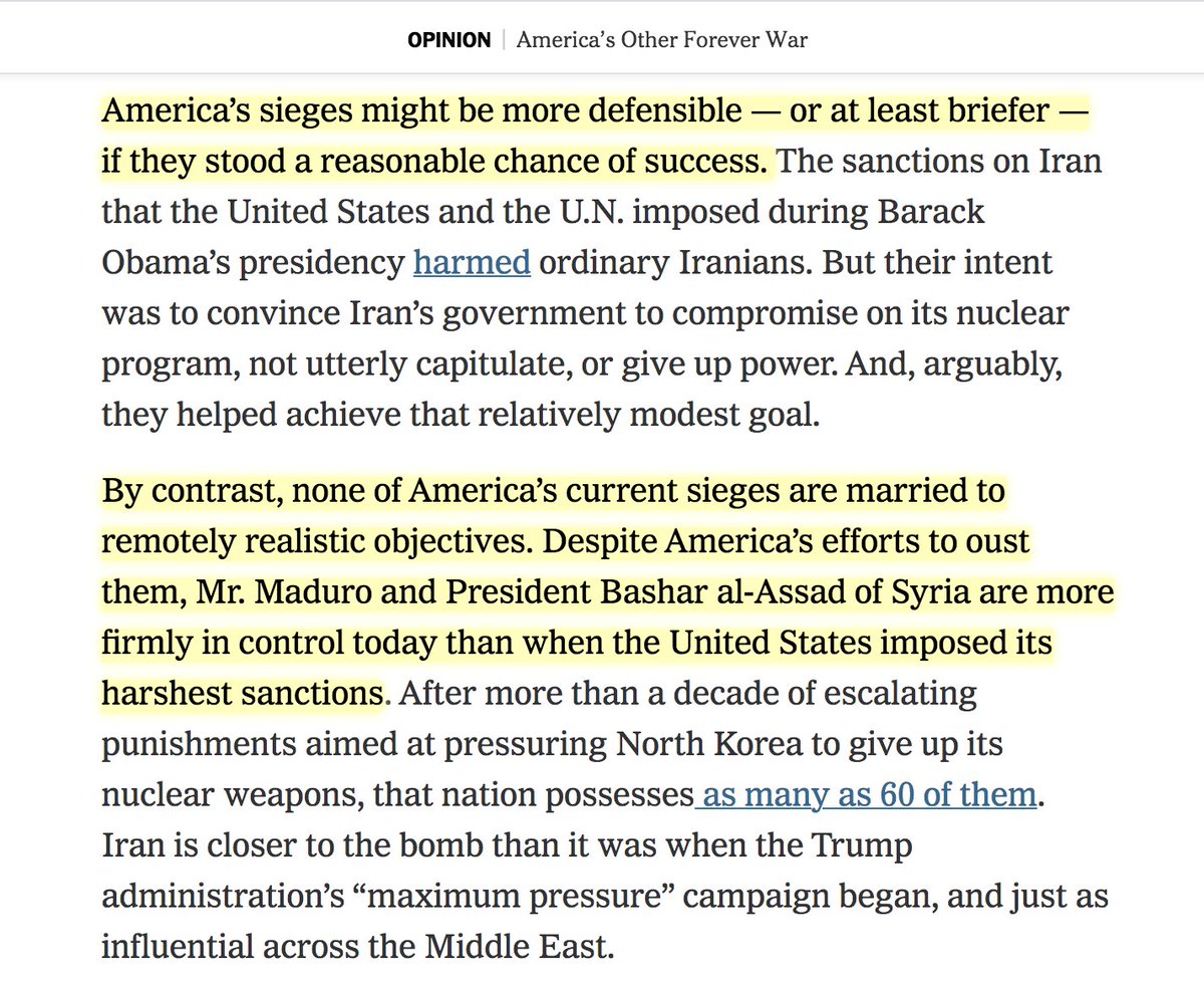 2/  @PeterBeinart says sanctions "might be more defensible — or at least briefer — if they stood a reasonable chance of success" or "married to remotely realistic objectives." So it's OK to strangle Venezuela and Syria if we could overthrow their leaders? Are we Darth Vader?