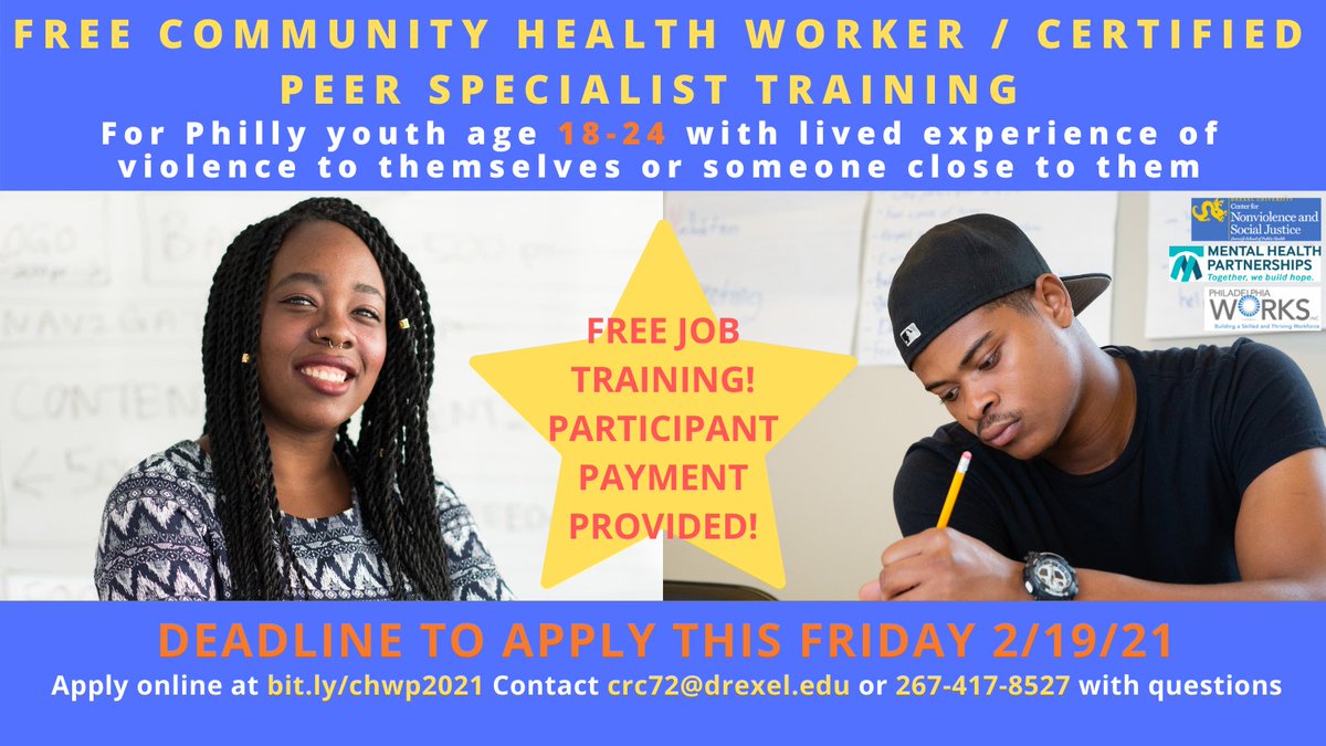 THIS FRIDAY 2/19/21 is the DEADLINE to APPLY for our #CommunityHealthWorker/ #CertifiedPeerSpecialist Training! Philly residents age 18-24, apply at the link: bit.ly/chwp2021