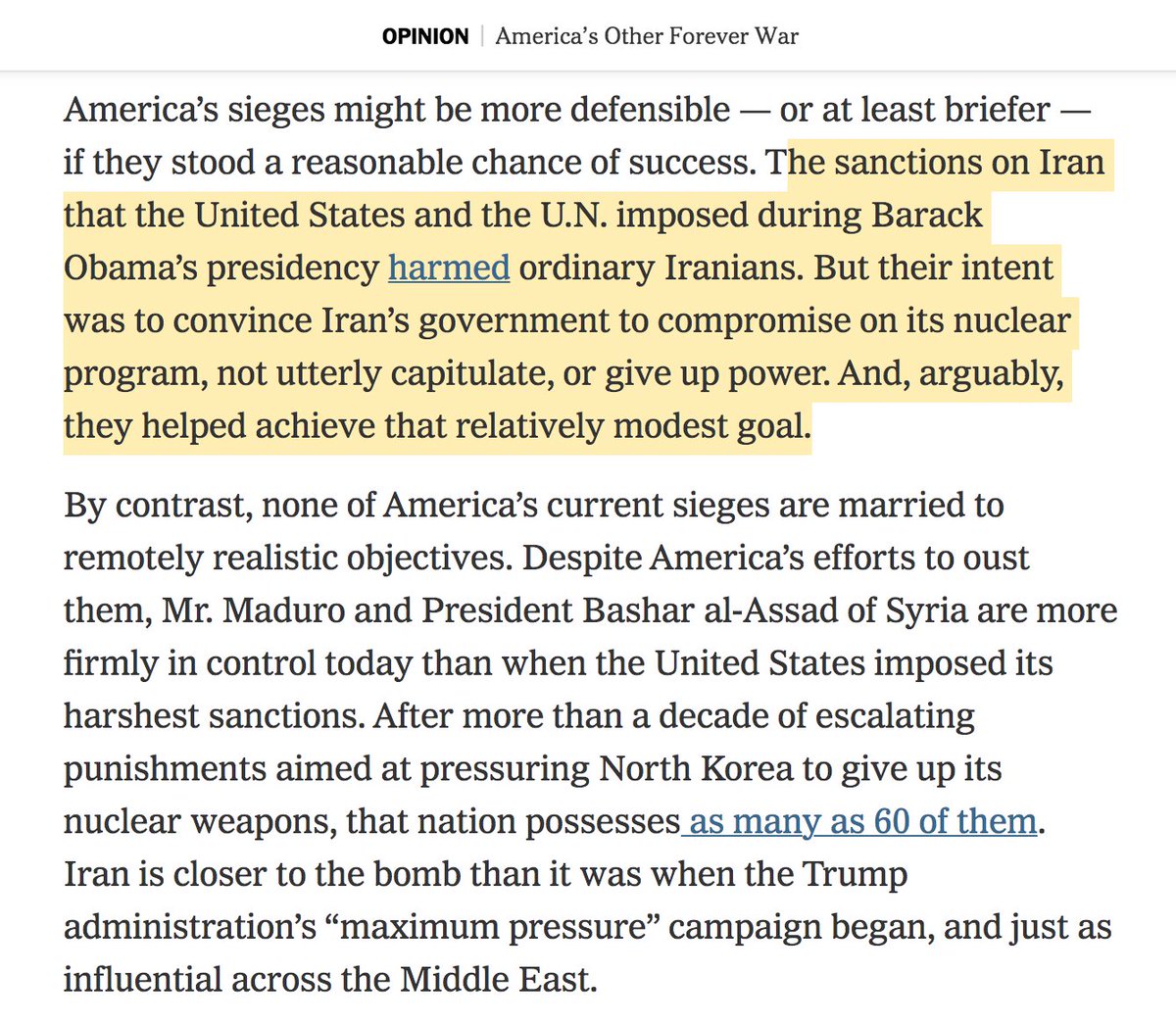 5/ BTW,  @PeterBeinart falsely suggests the sanctions policy "helped achieve" goals in Iran. But as  @TritaParsi wrote in “Losing An Enemy”, Iran’s nuclear program developed faster than Obama could destroy Iran’s economy. "Sanctions never stopped their program," Wendy Sherman said.
