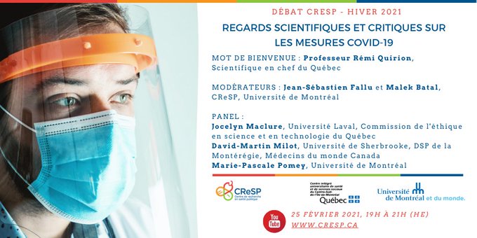 SciChefQC's tweet image. Le 25 févr., j'aurai l'honneur de faire le mot de bienvenue lors de cet événement @cresp_sante qui jettera un regard scientifique sur les mesures #COVID19. 
@Roxane_ @jsfallu @UMontreal @ESPUM_UdeM @QcCovid @jocelynmaclure @universitelaval @davidmmilot 
bit.ly/3akkIpB