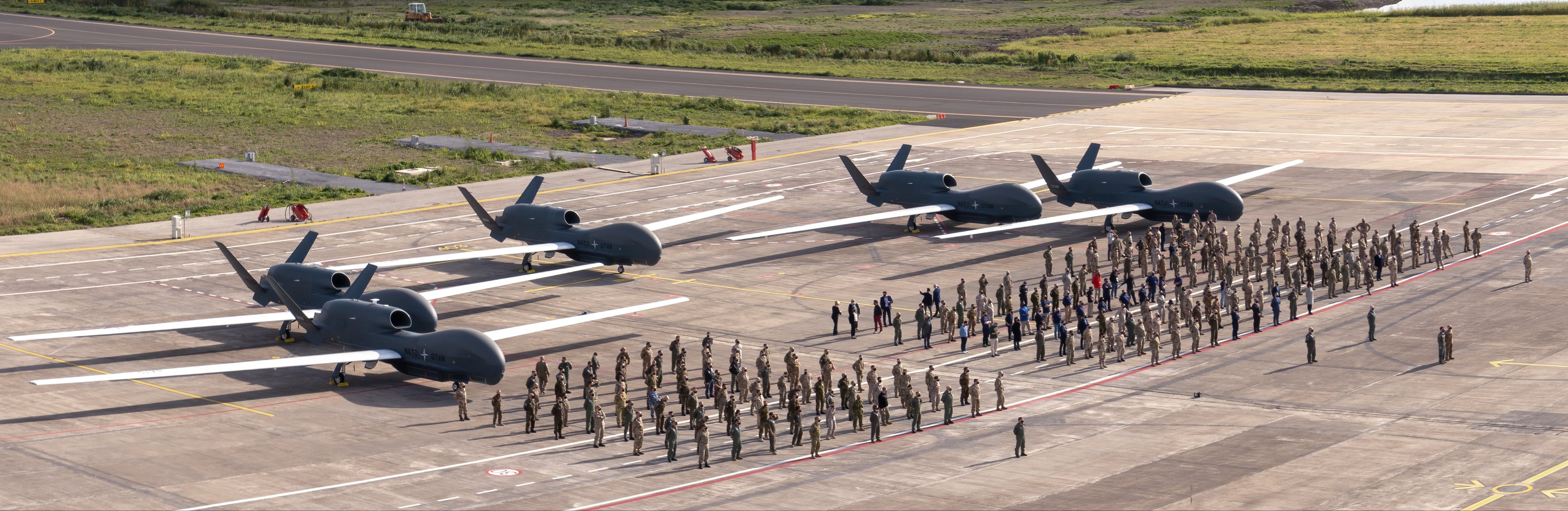 The NATO Alliance Ground Surveillance Force with all its five RQ-4D Phoenix remotely-piloted aircraft at the Main Operating Base at Sigonella, Italy. Photo by Christian Traeger