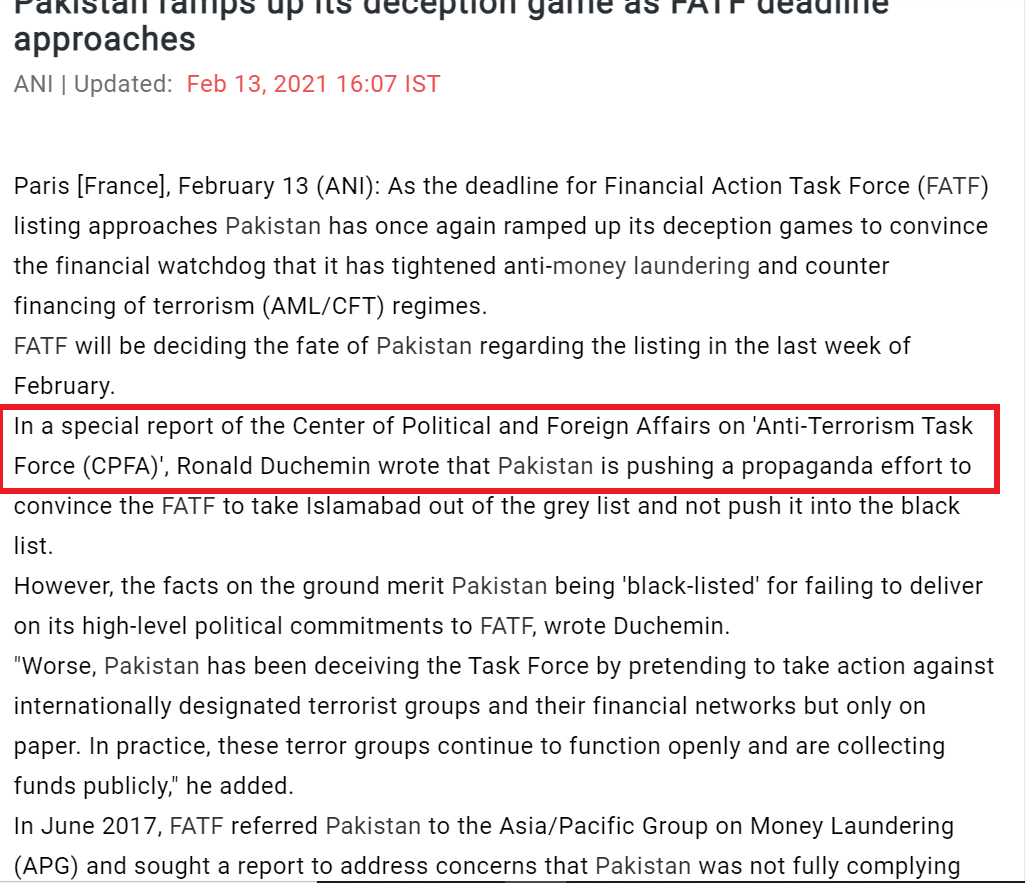 The report accuses that “Pakistan is pushing a propaganda effort to convince the FATF to take Islamabad out of the grey list and not push it into the black list” quoting a ‘Special report’ by Center of Political and Foreign Affairs on anti-terrorism task force. -5