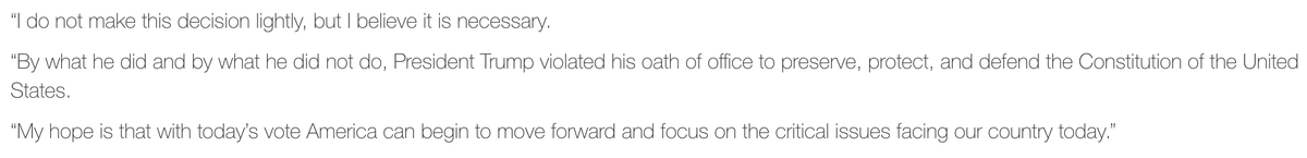 Richard Burr: "When the crowd became violent, the President used his office to first inflame the situation instead of immediately calling for an end to the assault...By what he did and *by what he did not do*, President Trump violated his oath of office" https://www.burr.senate.gov/press/releases/senator-burr-statement-on-vote-to-convict-former-president-trump-on-article-of-impeachment