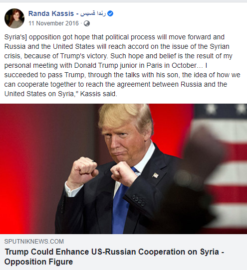 Kassis boasted in a Facebook post about her links with Russian Government, “I succeeded to pass Trump, through the talks with his son, the idea of how we can cooperate together to reach the agreement between Russia and the United States on Syria,”-13