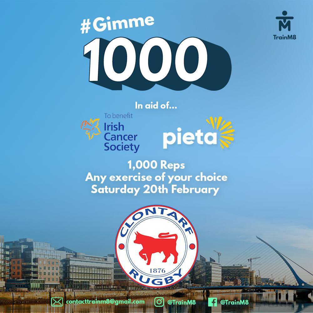 Clontarf Rugby Club (@clontarfrugby) on Twitter photo On Saturday we take part in #Gimme1000, a virtual event in aid of <a href="/IrishCancerSoc/">Irish Cancer Society</a> and <a href="/PietaHouse/">Pieta</a>. Participants are challenged to complete 1,000 reps of any activity of their choice within a 24 hour period ποΈπ΄ππ»ββοΈπΆπ»πΌπ
More info: clontarfrugby.com/clontarf-rugbyβ¦
#WhoAreWe #Gimme1000 On Saturday we take part in #Gimme1000, a virtual event in aid of <a href="/IrishCancerSoc/">Irish Cancer Society</a> and <a href="/PietaHouse/">Pieta</a>. Participants are challenged to complete 1,000 reps of any activity of their choice within a 24 hour period ποΈπ΄ππ»ββοΈπΆπ»πΌπ
More info: clontarfrugby.com/clontarf-rugbyβ¦
#WhoAreWe #Gimme1000