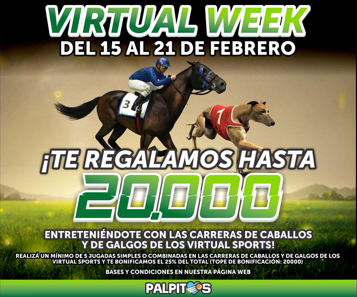 ciruja_pasion's tweet photo. ESPACIO PUBLICITARIO
💪 Arrancó la promo #VirtualWeek de @palpitosok 💚 | Realizá un mínimo de 5 apuestas en las carreras de caballos y de galgos de los #VirtualSports, y te bonifican hasta 20.000 😉 Toda la info ➡️ https://t.co/brnv0VMrht https://t.co/mW9ZZx9FkX