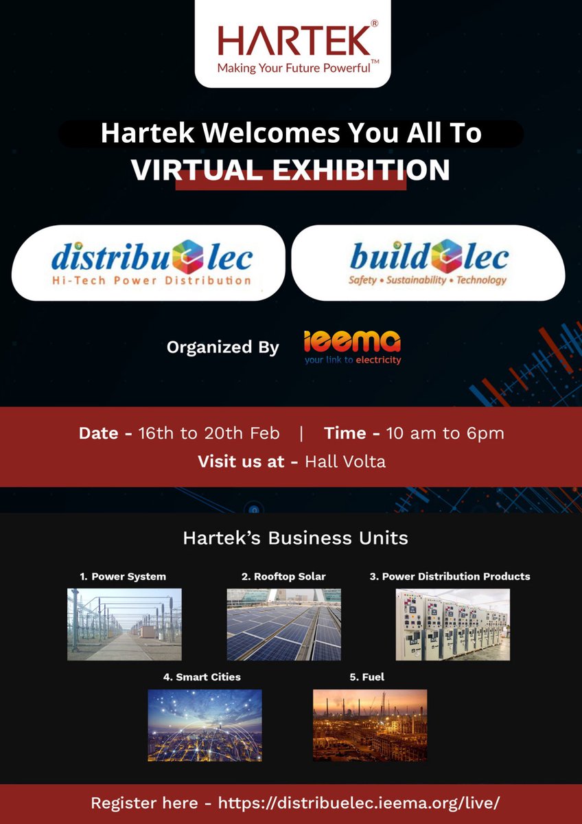 hartekgroup's tweet image. #Hartek Group welcomes you all to #Distribuelec organized by IEEMA. 

Come visit our booth in Hall Volta for a proficient variety of sustainable and clean power solutions. 

distribuelec.ieema.org/live/

#hartekpower #harteksolar #epc #sustainable #nationbuilding #India #cleanenergy