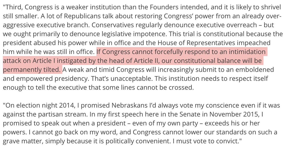 Ben Sasse: "If Congress cannot forcefully respond to an intimidation attack on Article I instigated by the head of Article II, our constitutional balance will be permanently tilted."  https://www.sasse.senate.gov/public/index.cfm/2021/2/sasse-statement-on-impeachment-trial