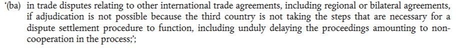 But of course a similar situation could arise under the EU's FTAs, for example if a country refused to appoint an arbitrator or did not otherwise ensure that dispute settlement could proceed 