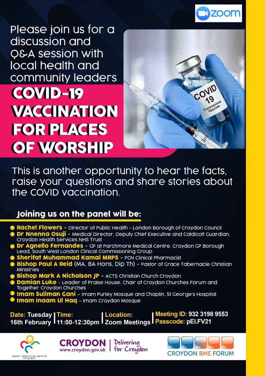 Want to know more about the covid vaccine? Join a Q&amp;A Zoom meeting  tomorrow, Tuesday 16th February, with Croydon’s health and community leaders. <a href="/AgneFernandes/">Agnelo Fernandes MBE</a> <a href="/nosuji01/">Nnenna Osuji</a> @nhscroydon_  <a href="/croydonhealth/">Croydon Health Services NHS Trust</a> #Croydon