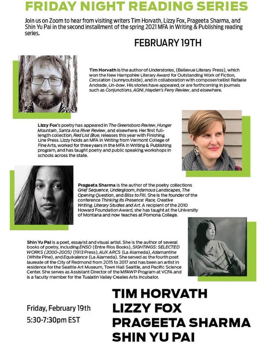 VCFA's tweet photo. Join us for the next @vcfawritepub Friday Night Reading Series this Friday, February 19th, 2021. Visiting writers Tim Horvath, (@LizzyFox12),  (@prapra) &amp; (@shinyupai ) will be reading. To join: https://t.co/J1DqJu9e1L
#vcfawriting #vcfalove #vcfaalumnx https://t.co/kfMH5fspge