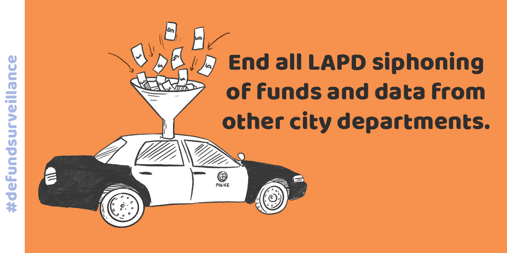 DEMAND 2: End all LAPD siphoning of funds and data from other city departments!In addition to the $3.1 billion LAPD directly gets in the city budget, police also take money and data from other departments, consuming vital resources and growing the Stalker State.