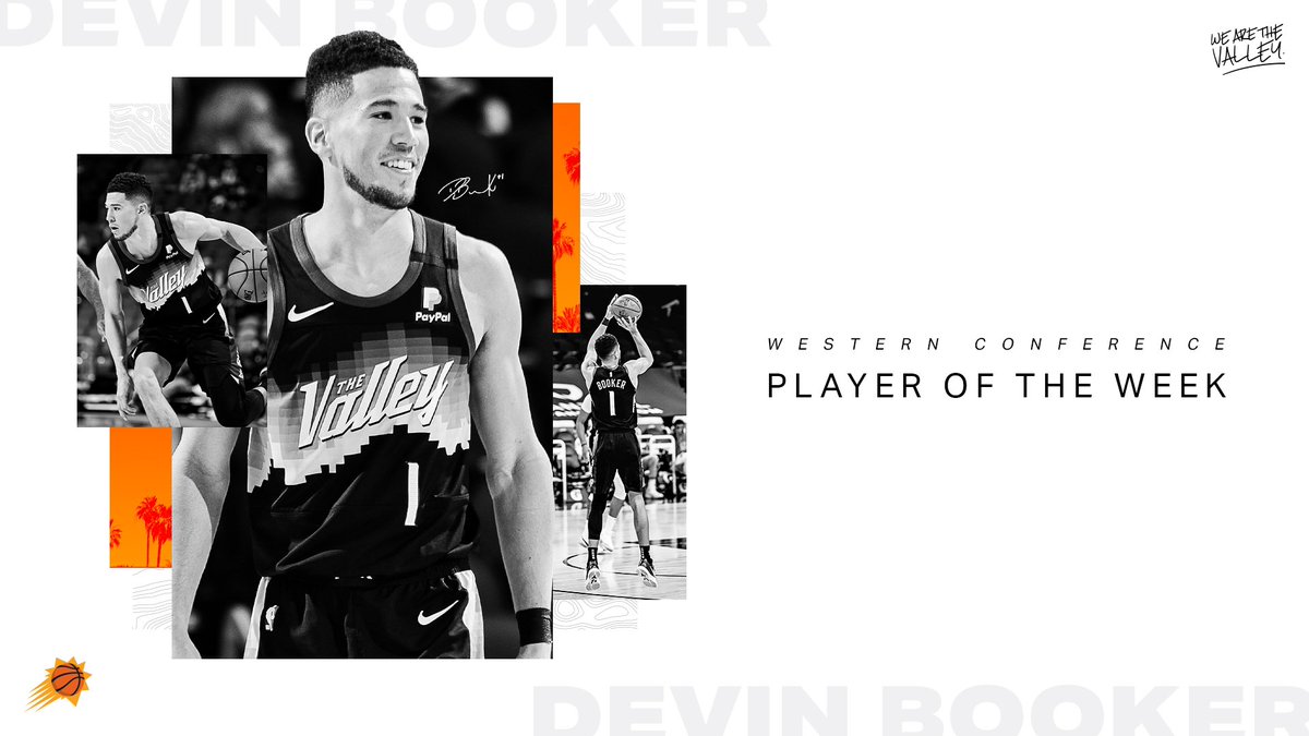 Suns's tweet photo. Your 𝗪𝗲𝘀𝘁𝗲𝗿𝗻 𝗖𝗼𝗻𝗳𝗲𝗿𝗲𝗻𝗰𝗲 𝗣𝗹𝗮𝘆𝗲𝗿 𝗼𝗳 𝘁𝗵𝗲 𝗪𝗲𝗲𝗸

➖ 32.3 ppg, 56.3 FG%, 47.6 3P%, 80.8 FT%, 5.3 apg

➖ Suns: 4-0

Congrats, @DevinBook • #NBAAllStar https://t.co/60EWumueAj