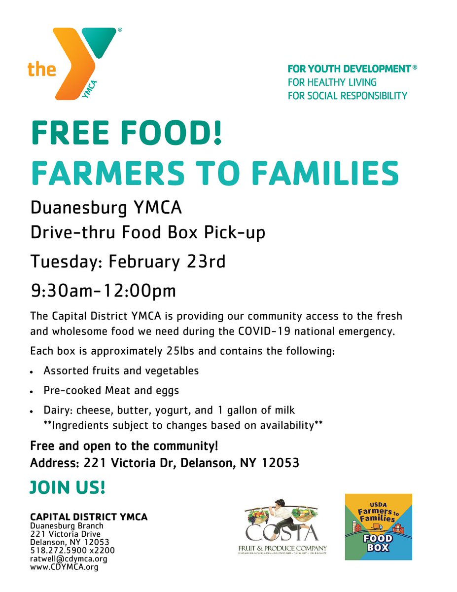 SmistNy's tweet photo. This is the second time that Capital District @CD_YMCA  and Duanesburg YMCA @duanesburgymca have been able to hold this event.  Although the branch is closed, the Y is still serving the community.  Please share with others who may have the need of this great service. https://t.co/zNs642krGU